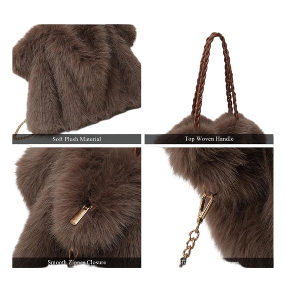 Faux Fur Purse Fluffy Handbag Tote Bag Coffee - Picture 3 of 6